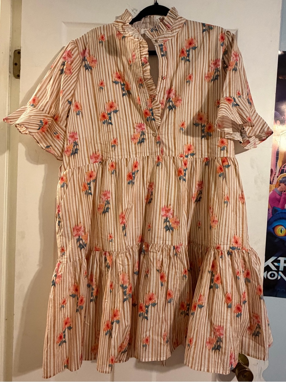 Chic Soul Cream Striped Floral Tiered Dress with Coral Flowers